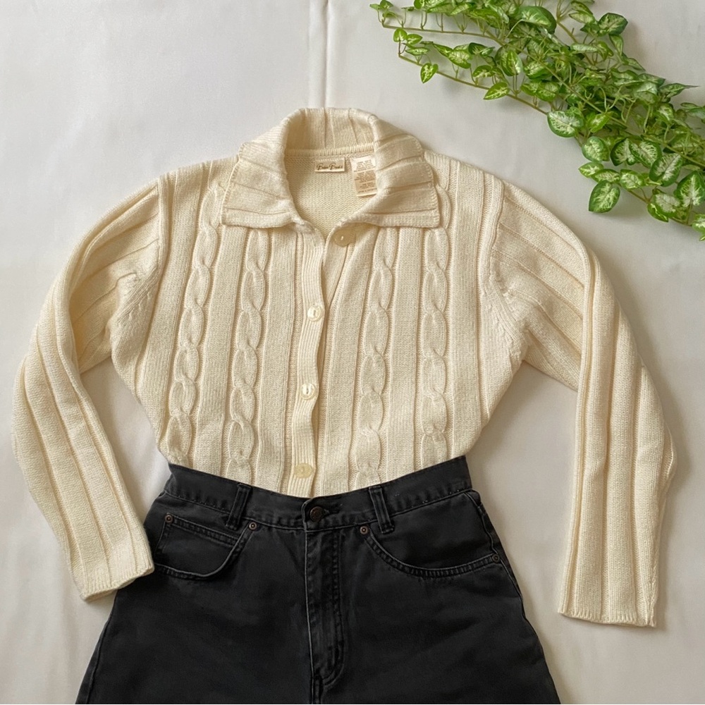 Fisherman Knit Collard Button Up Cardigan Sweater